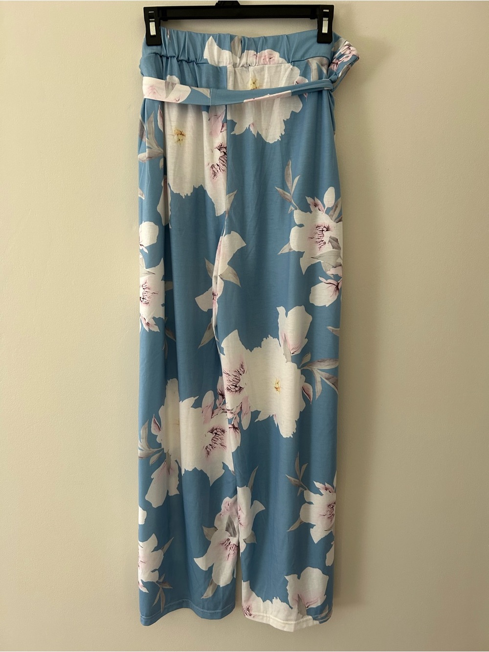 Blue Floral Wide Leg Pants with Tie Waist - Picture 2 of 6